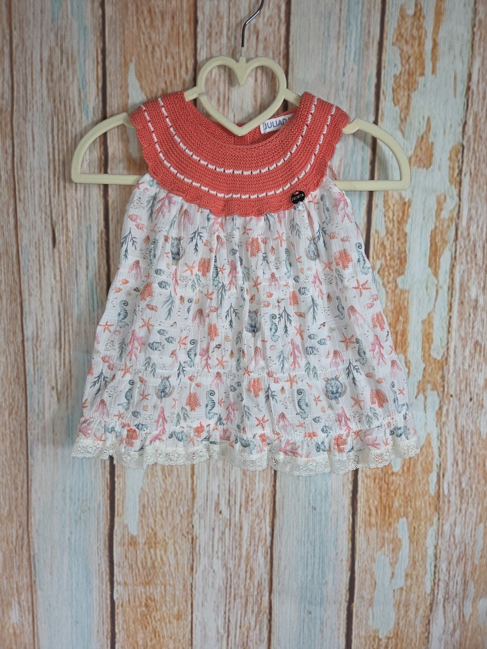 Juliana Coral Knit Yoke Seashell Print Baby Dress. 100% Cotton. Size 12m